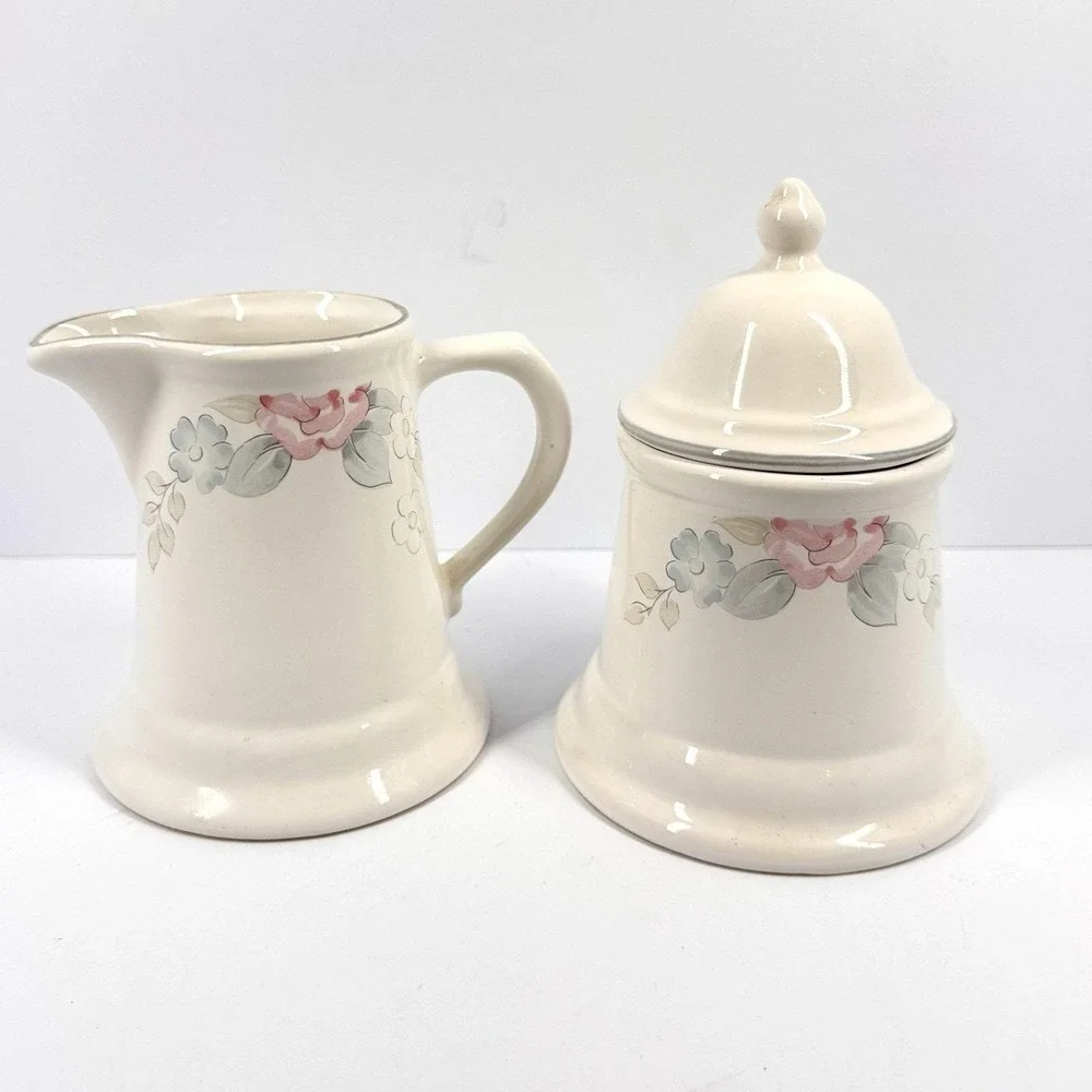 Pfaltzgraff Wyndham Creamer Covered Sugar Bowl Set Floral Pink
